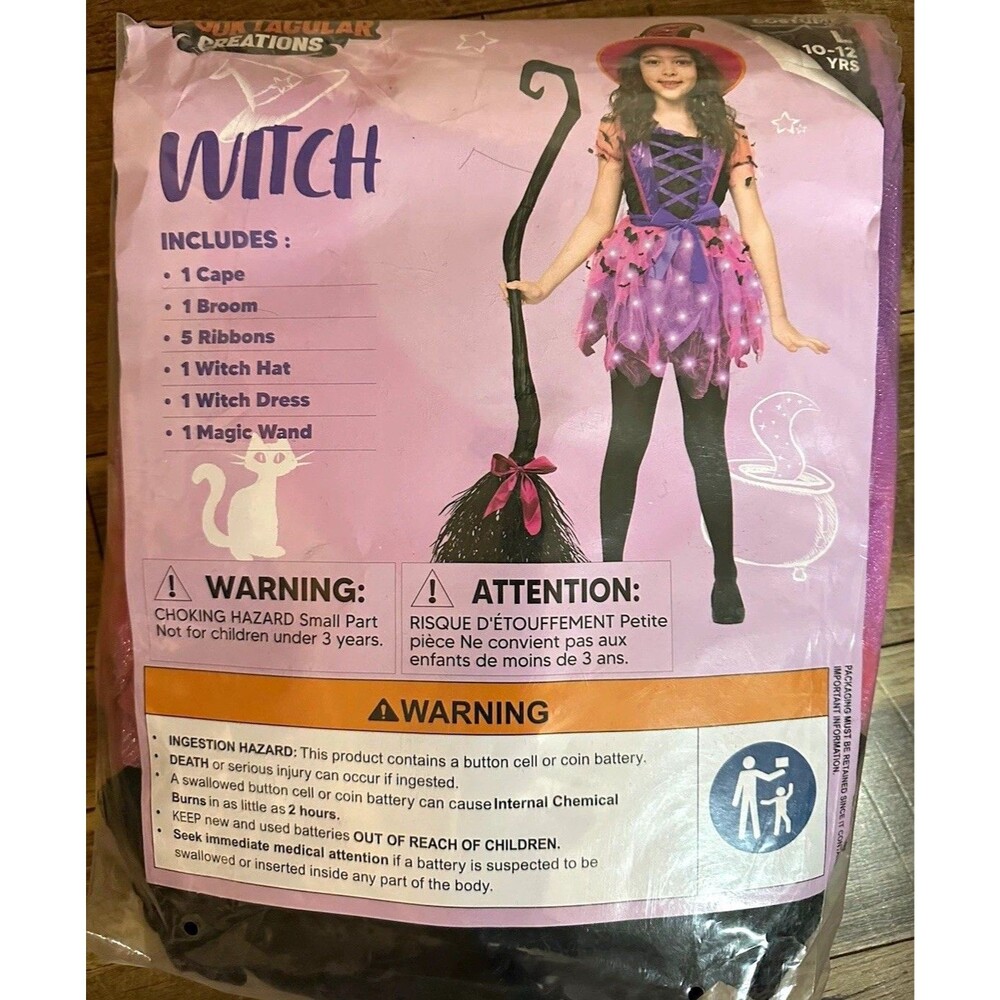 Dreamgirl LED Girls Witch Costume Set Dress Hat Cape Broom Wand Size 10-12